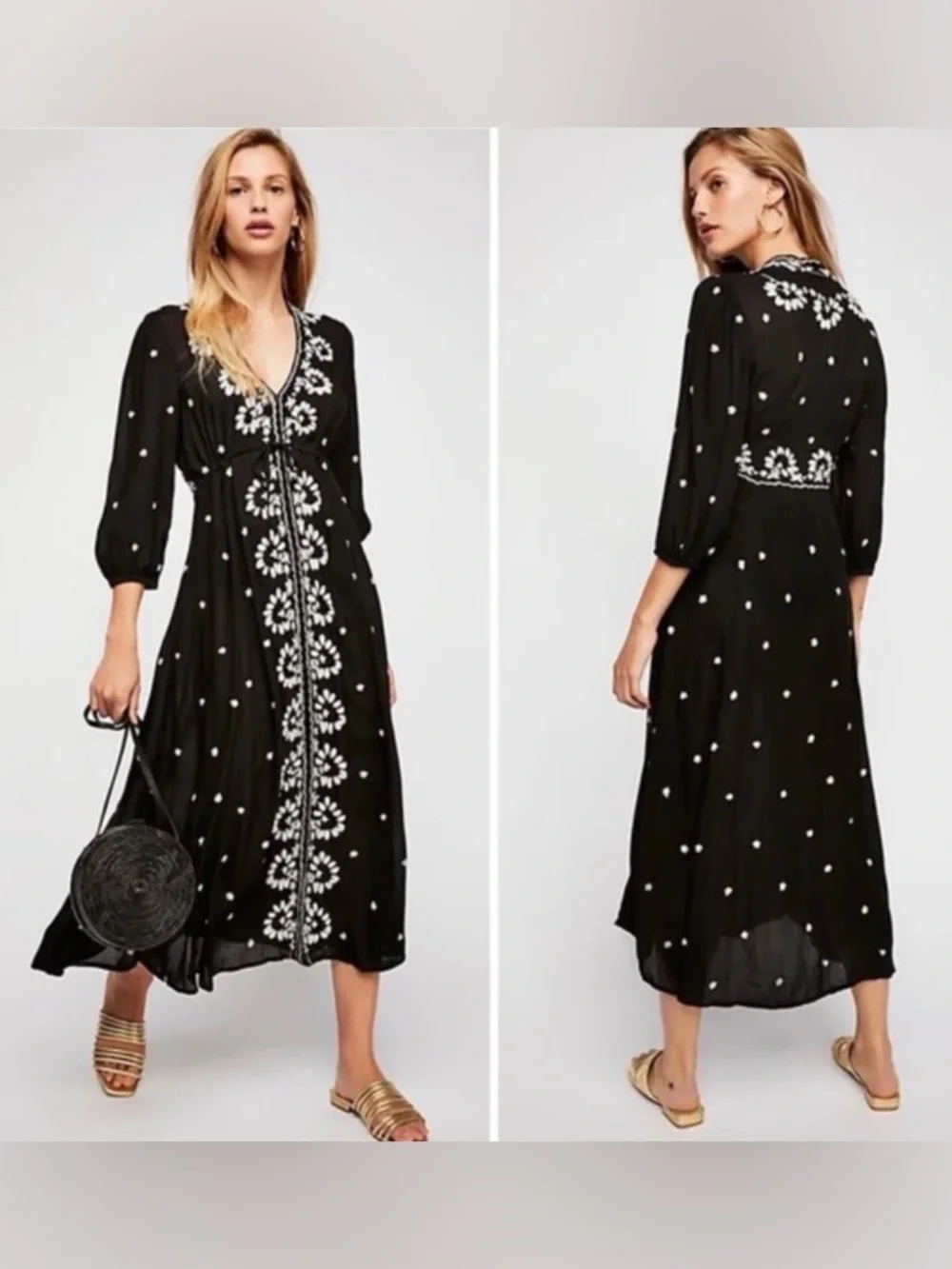 Free People Embroidered Fable V-Neck‎ Empire Waist Midi Dress Black Size Small